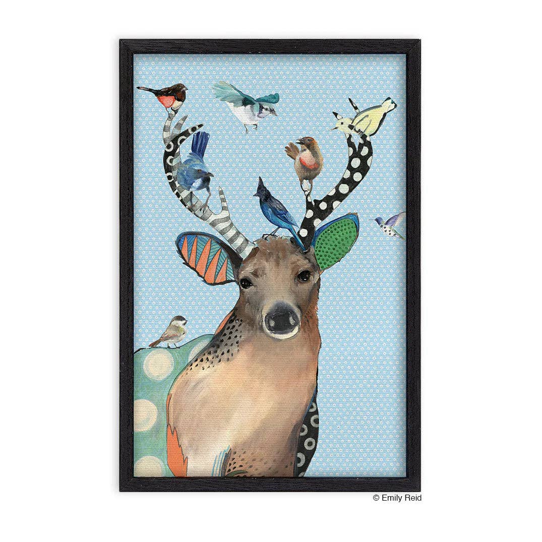 Framed Canvas Art - "Antler Bird Party" by Emily Reid (6x9)