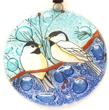 Glass Art Ornament/Suncatcher - Chickadee Pair