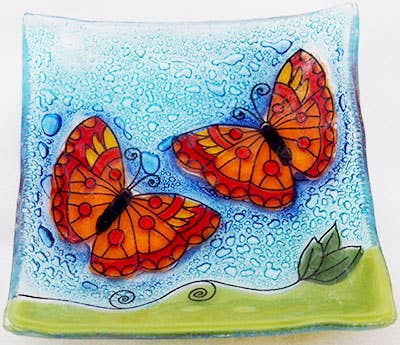 Trinket Dish Glass Art - Orange Butterflies