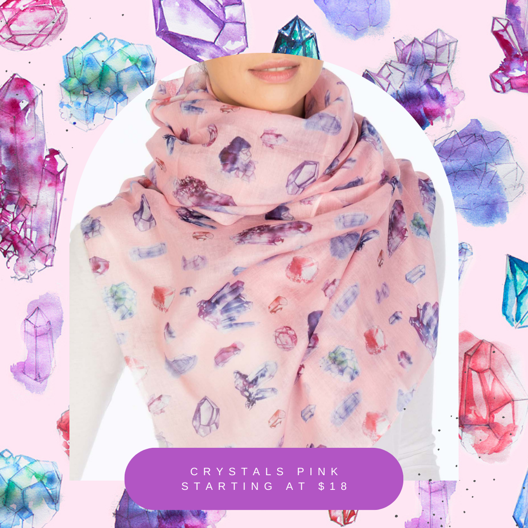 Scarf - Crystals on Pink | Watercolor + Digital Art (Polyester 33" x 72")