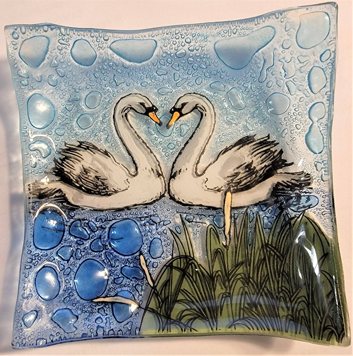 Trinket Dish Glass Art - Love Swan Couple