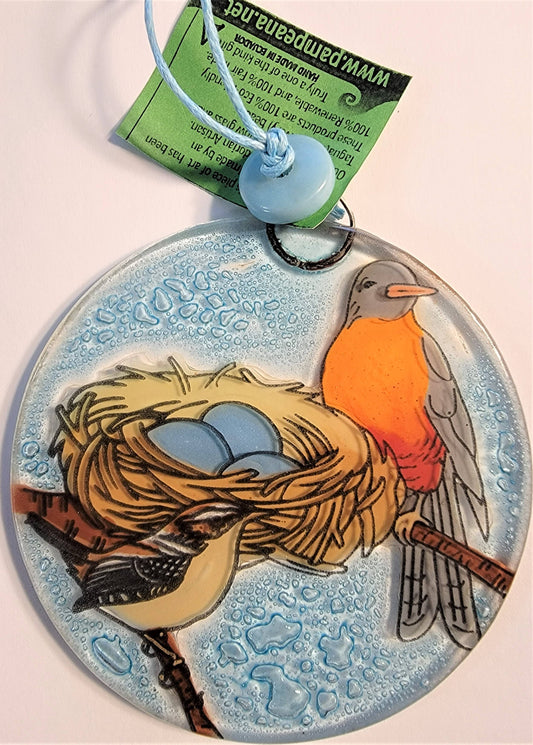 Glass Art Ornament/Suncatcher - Robins with Nest