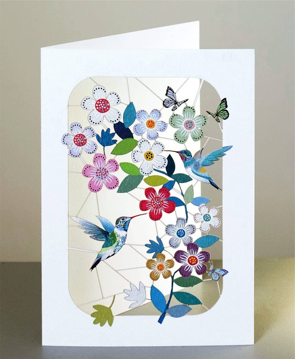 Greeting Card - Laser Cut & Frameable - Hummingbird and Flowers (Single Card)