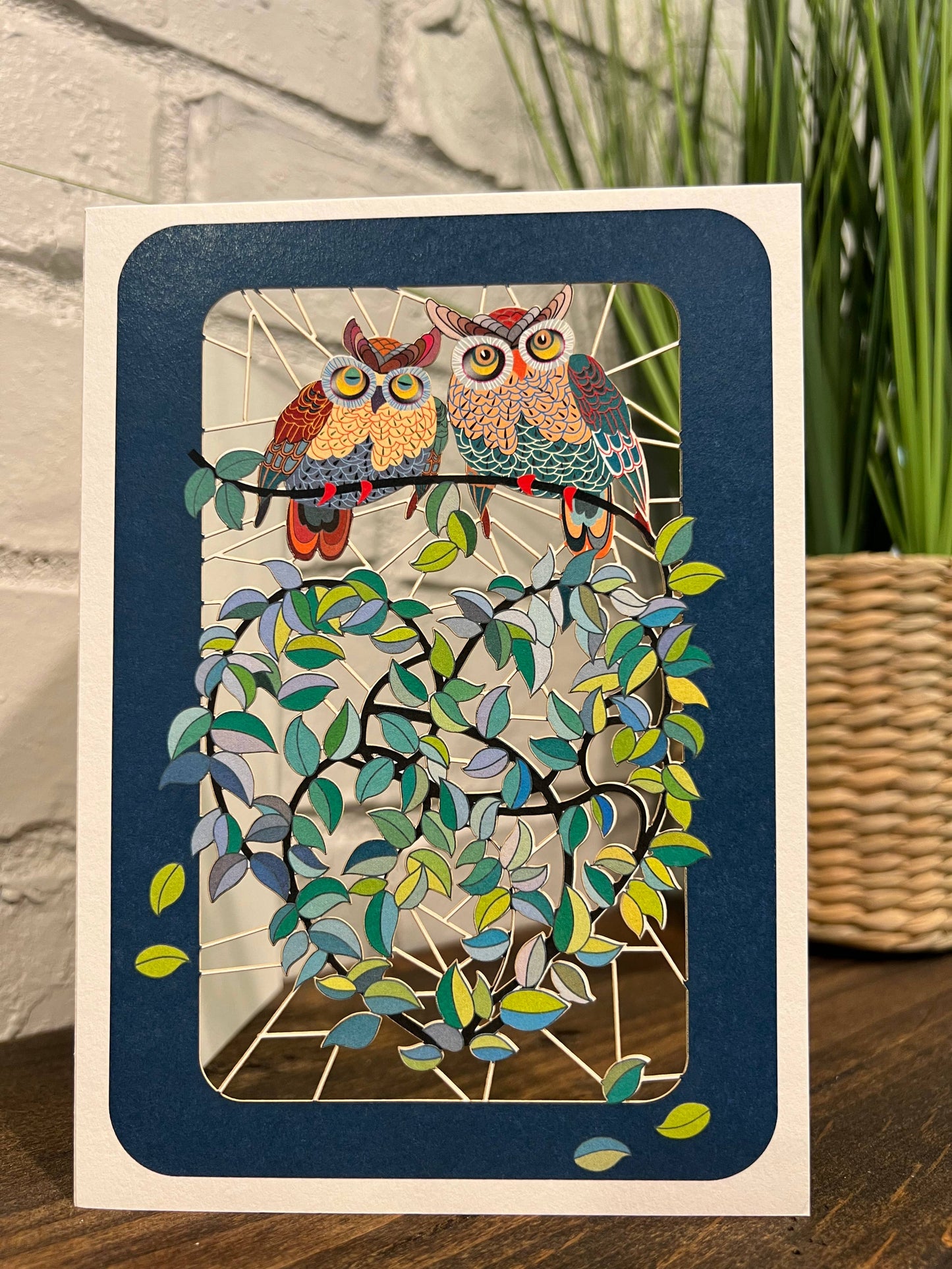 Greeting Card - Laser Cut & Frameable - Two Owls Over Heart (Single Card)