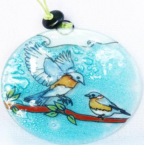 Glass Art Ornament/Suncatcher - Bluebird Pair