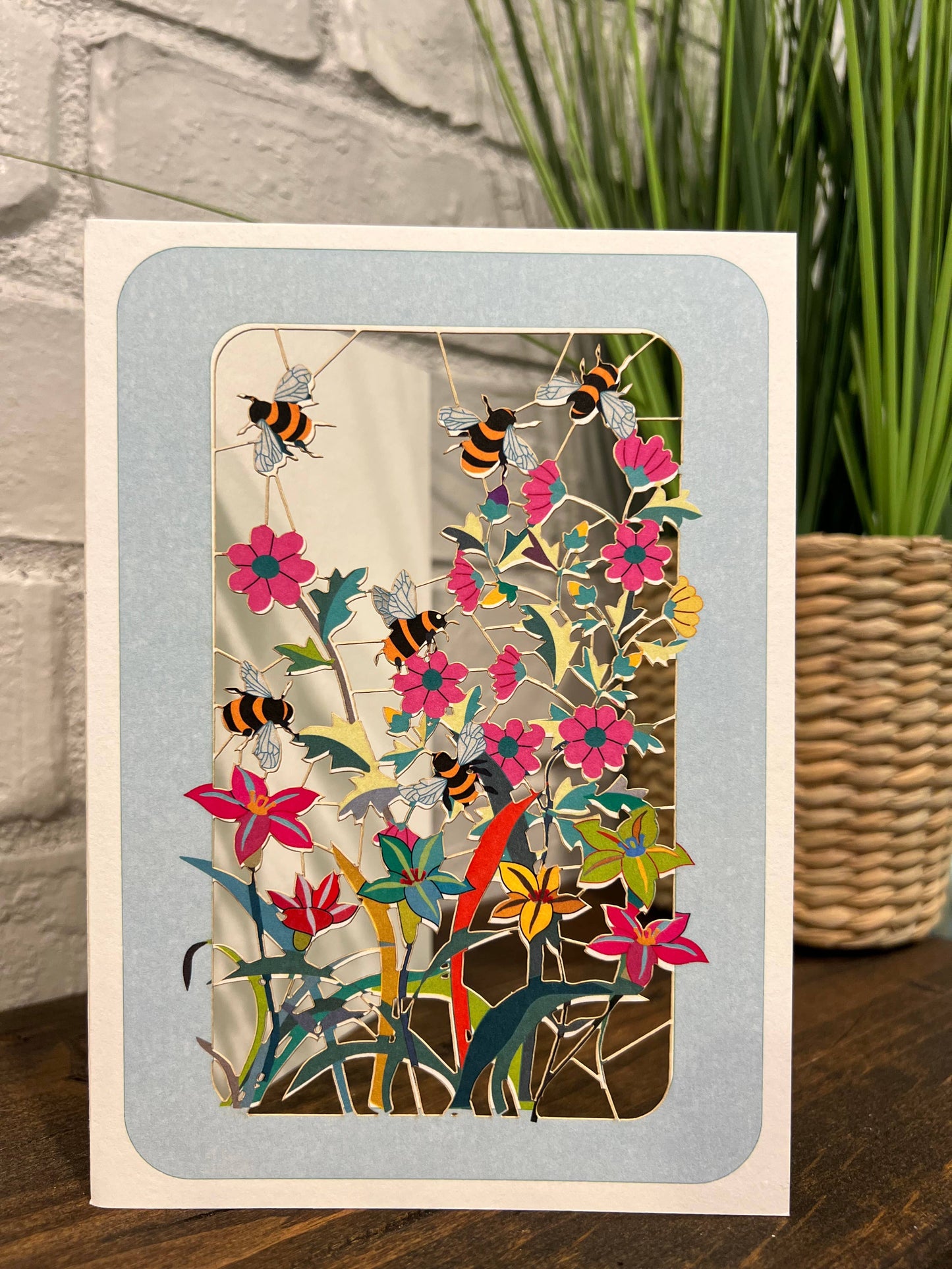 Greeting Card - Laser Cut & Frameable - Bees and Flowers (Single Card)