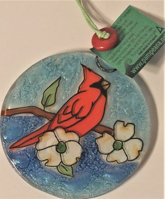 Glass Art Ornament/Suncatcher - Cardinal On Dogwood