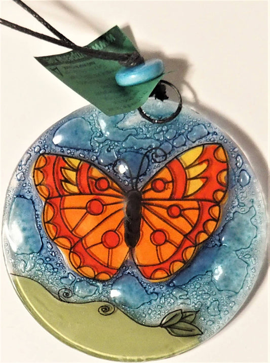 Glass Art Ornament/Suncatcher - Orange Butterfly