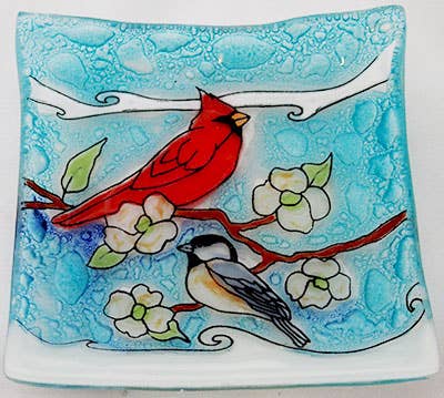 Trinket Dish Glass Art - Cardinal & Chickadee on Dogwoods