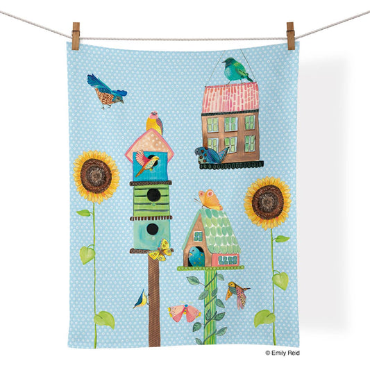 Cotton Tea Towel - "Birdhouse Lane" by Emily Reid